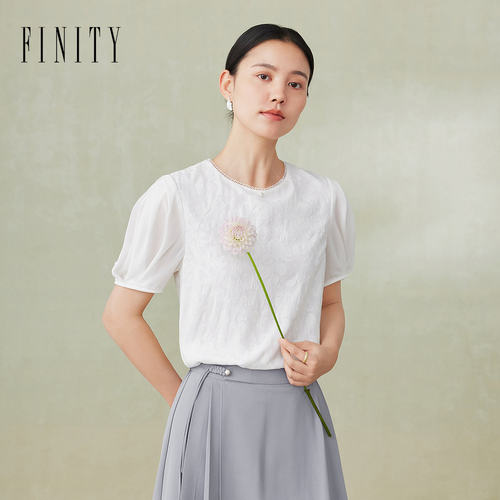 FINITY菲妮迪品牌雪纺衫2024夏季简约花边圆领法式刺绣小衫上衣女