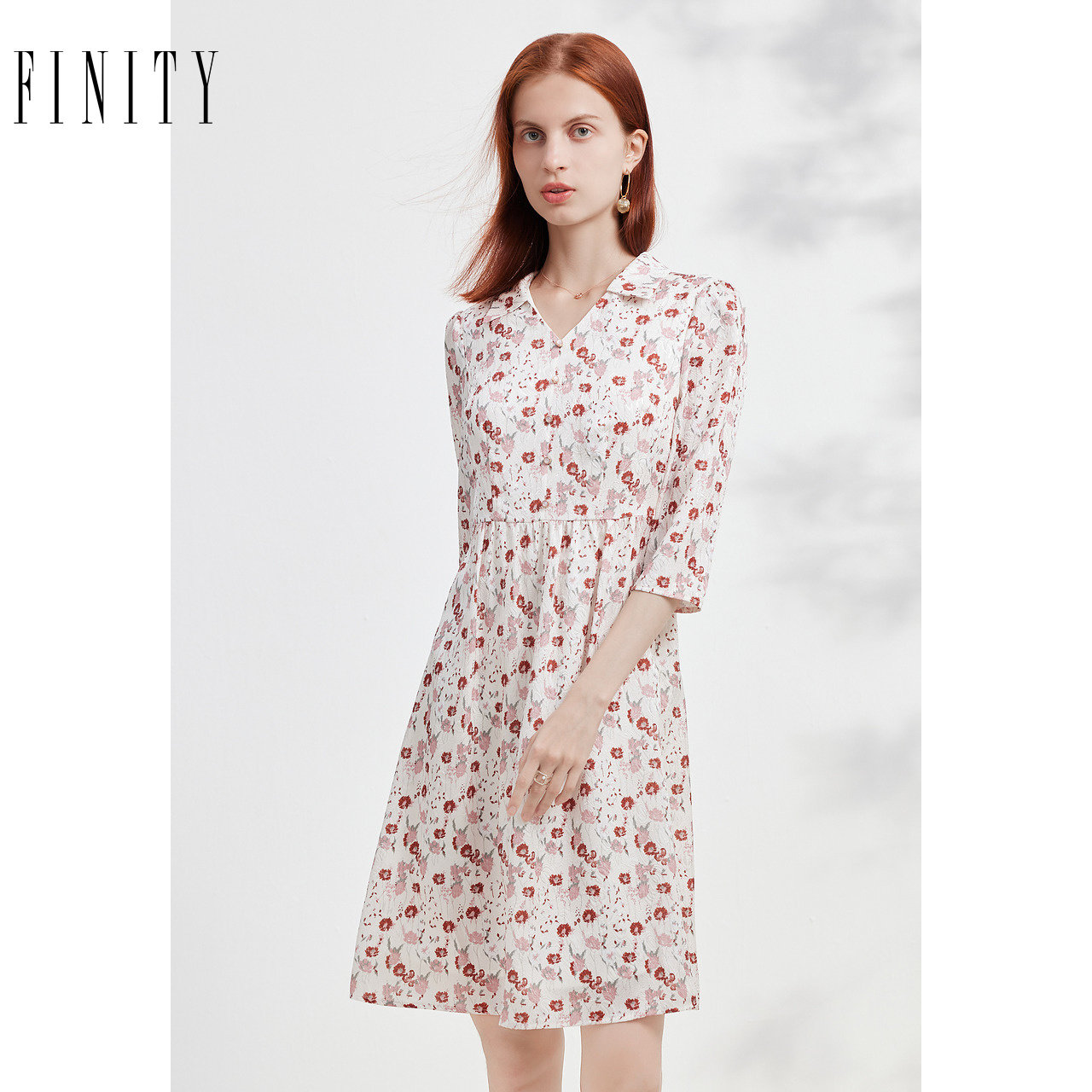 FINITY菲妮迪连衣裙夏季 简约气质米底印花衬衫领时尚A字裙女