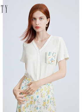 FINITY菲妮迪品牌衬衫简约白色V领时尚显瘦薄款短袖上衣