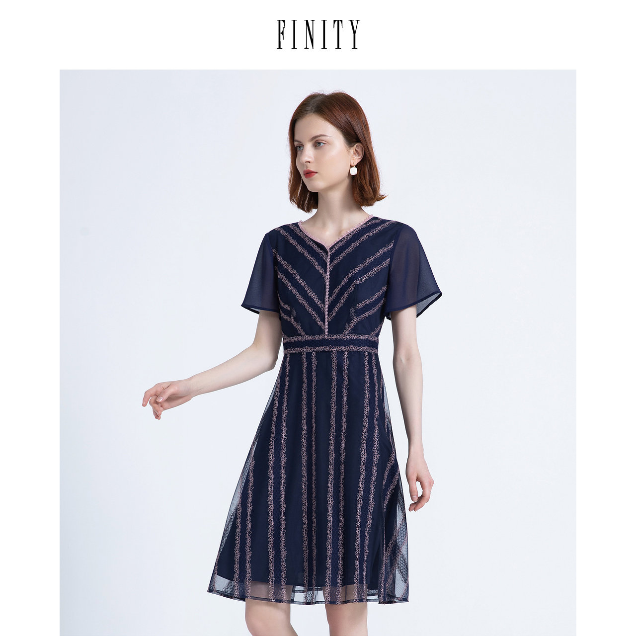 FINITY菲妮迪夏装气质短袖甜美连衣裙女法式宽松中长款裙子女