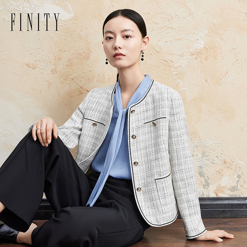 FINITY2024年秋季短外套女纯棉格子复古法式休闲长袖短款上衣