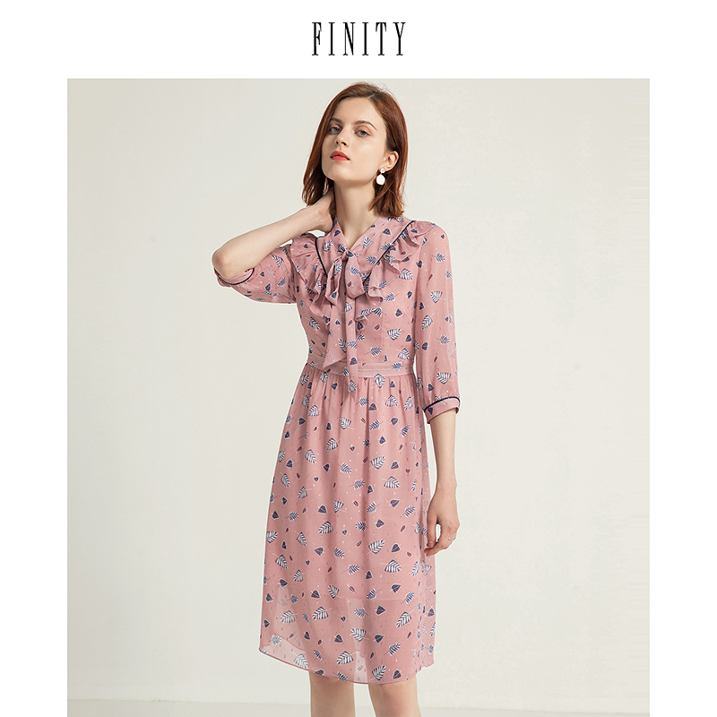 FINITY2024年秋装甜美花色减龄连衣裙女法式气质中长款裙子女