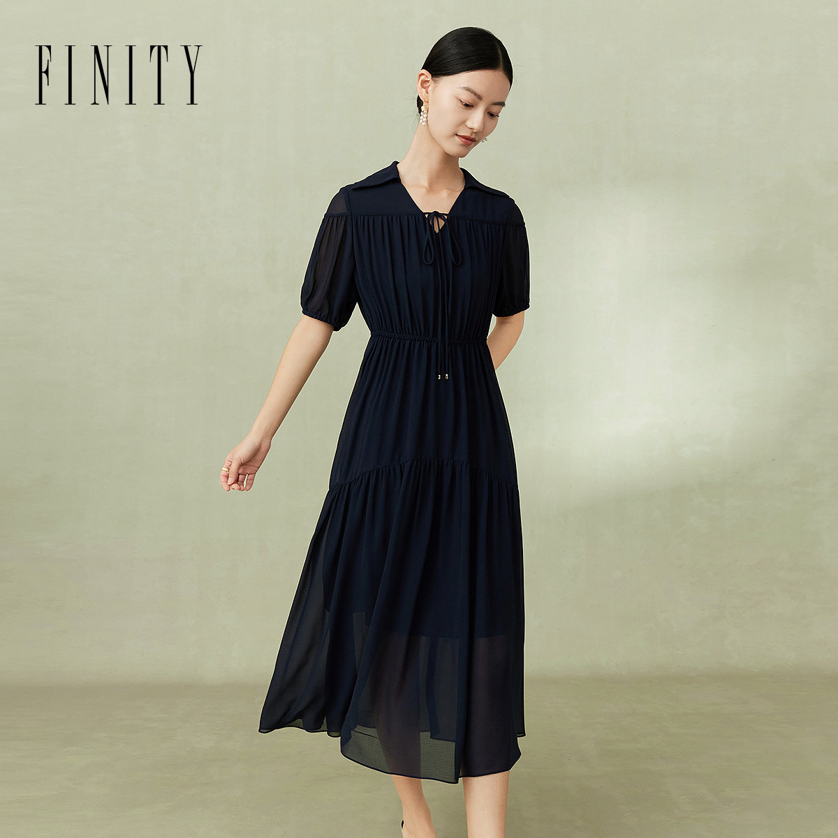 FINITY菲妮迪品牌连衣裙2024夏季领口系带设计褶皱百搭休闲裙子女