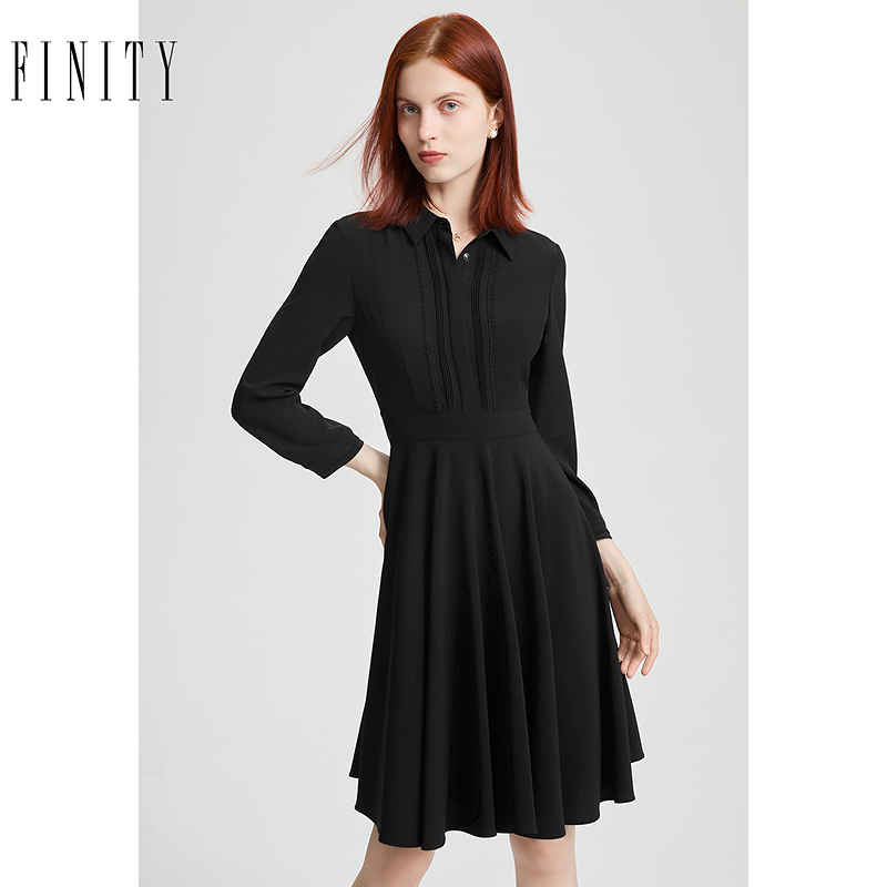 菲妮迪衬衫领连衣裙2024年秋季设计感简约气质显瘦小黑裙女