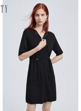 FINITY菲妮迪连衣裙 连帽设计感时尚高腰黑色短袖A字裙女