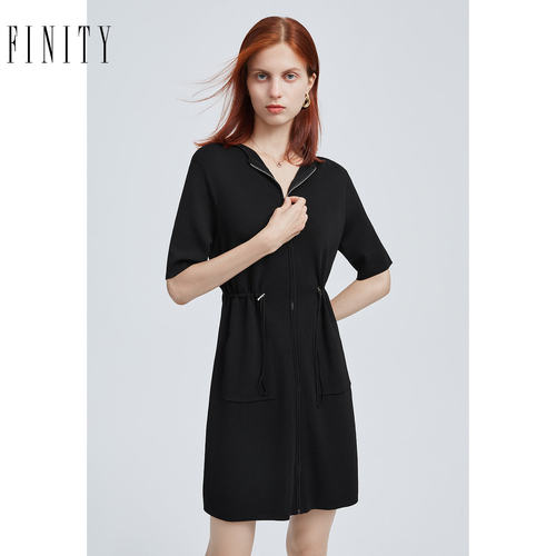 FINITY菲妮迪连衣裙 连帽设计感时尚高腰黑色短袖A字裙女