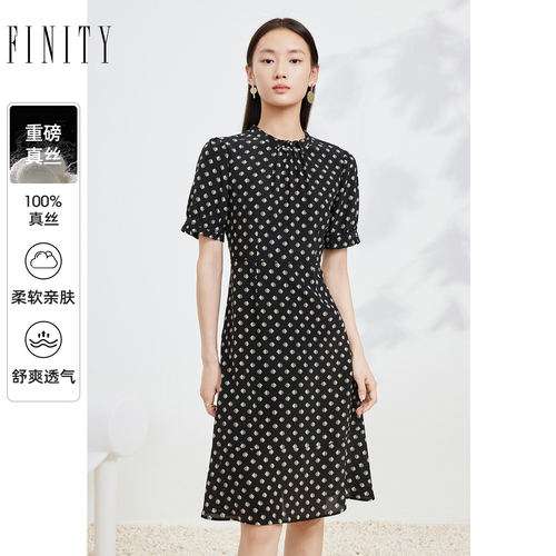 【100%桑蚕丝】FINITY菲妮迪真丝连衣裙夏季重磅印花圆领短袖裙子