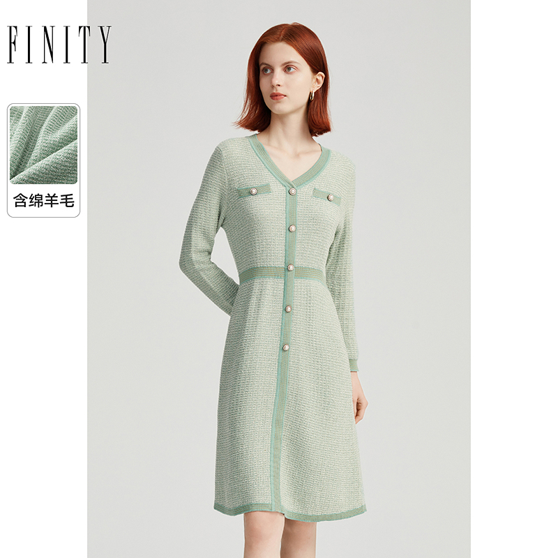 菲妮迪针织连衣裙2024年秋季小香风气质时尚V领中长款A字裙女