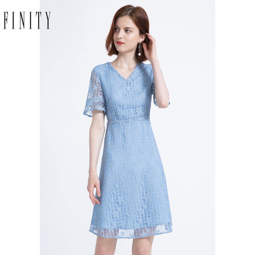 FINITY菲妮迪夏装雪纺蕾丝短袖镂空连衣裙女休闲中长款仙女裙