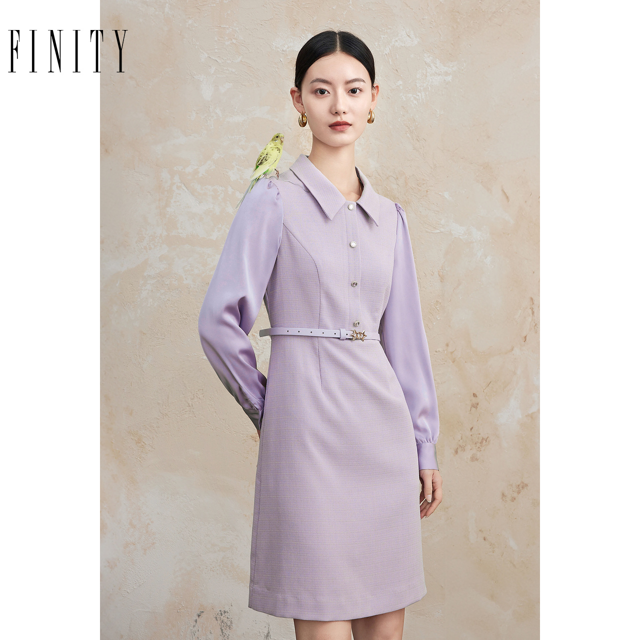 菲妮迪品牌衬衫领连衣裙2024年秋季简约系带收腰气质通勤裙子