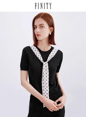 FINITY菲妮迪黑色针织衫别致飘带修身减龄天丝上衣女