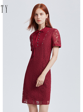 FINITY2024年秋季装气质大红色蕾丝连衣裙短袖褶皱镂空裙子