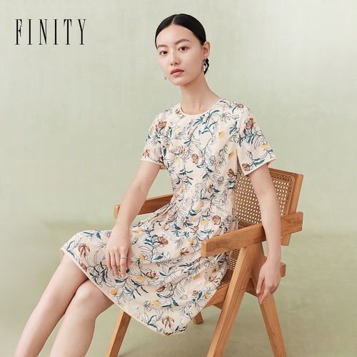 FINITY菲妮迪品牌连衣裙2024春夏简约印花圆领百搭收腰气质裙子女