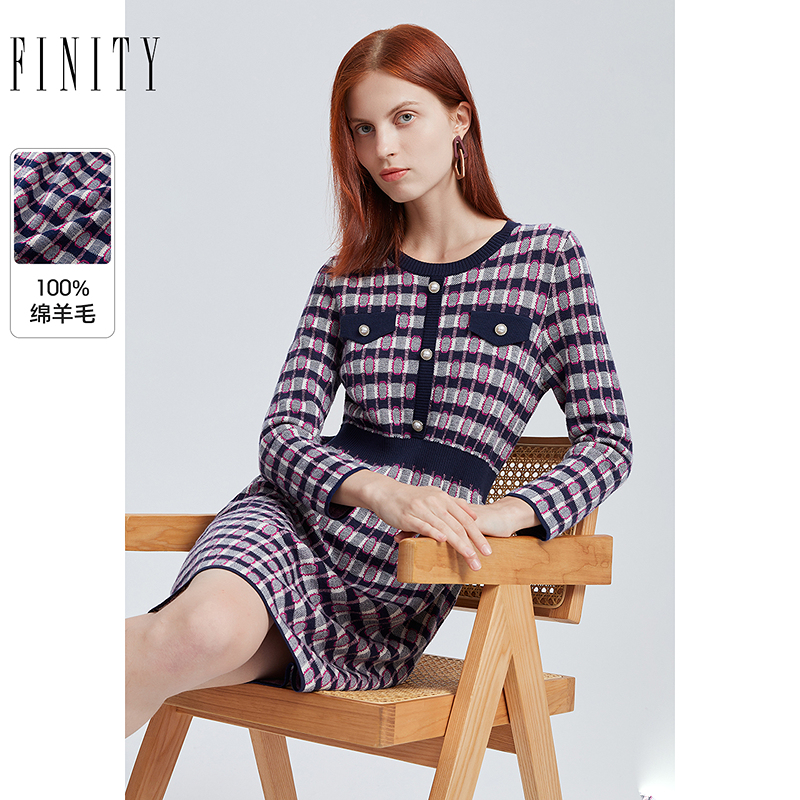 菲妮迪针织连衣裙2024年秋季时尚小香风纯羊毛简约气质裙子女