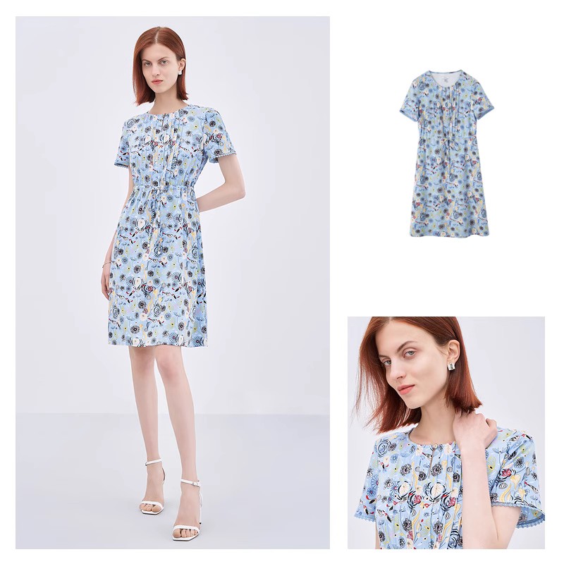 FINITY菲妮迪时尚连衣裙蓝底印花设计感高端a字裙子女