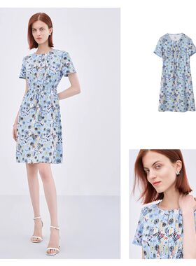 FINITY菲妮迪时尚连衣裙蓝底印花设计感高端a字裙子女