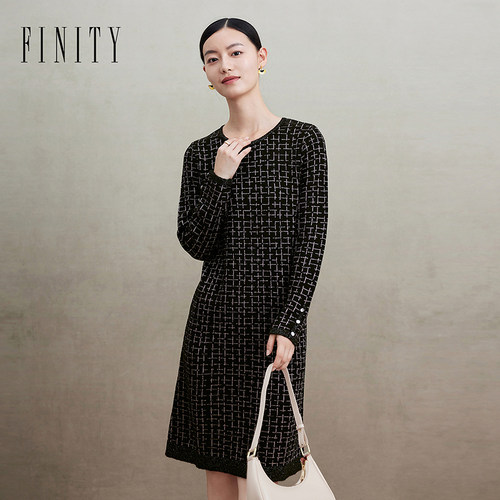 商场同款菲妮迪FINITY2024年秋装设计感拼接裙边长袖连衣裙