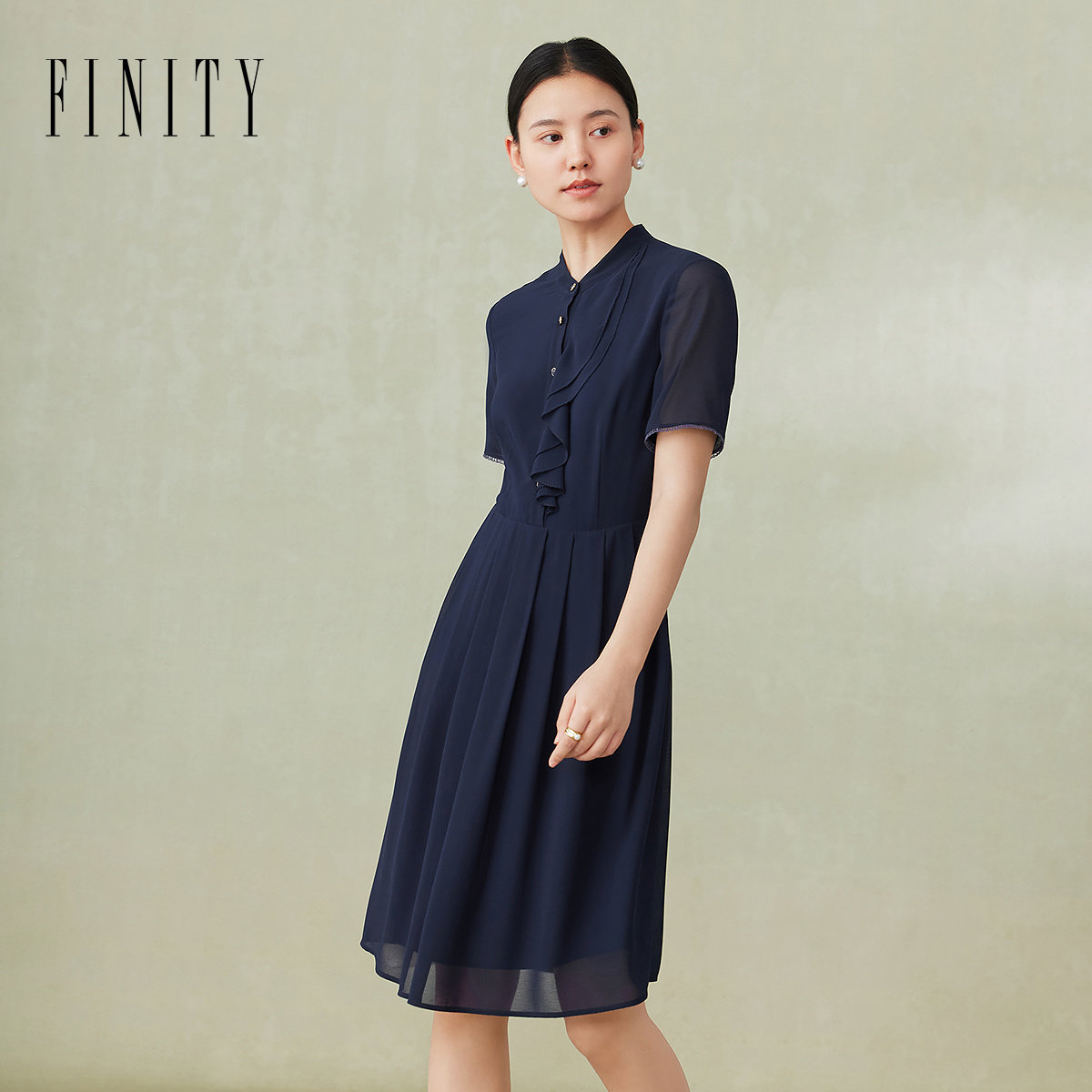 FINITY菲妮迪品牌连衣裙2024夏季简约荷叶边设计感立领洋气裙子女