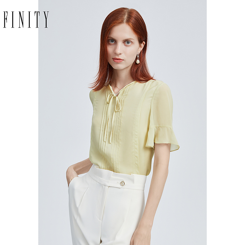 【100%桑蚕丝】FINITY菲妮迪夏装衬衫短袖雪纺衫女套头衫上装