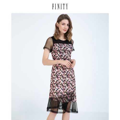 FINITY菲妮迪夏装修身短袖印花连衣裙优雅气质蕾丝中长款裙子