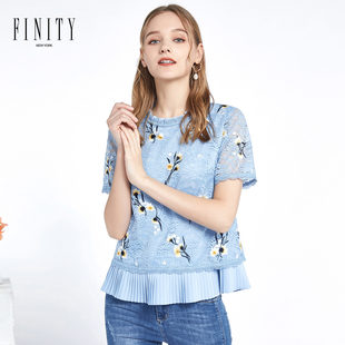 FINITY菲妮迪短袖t恤女女装夏装木耳边蕾丝拼接绣花套头上衣女