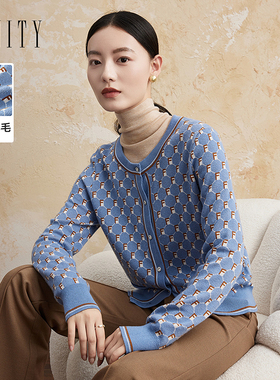 菲妮迪品牌针织衫2024年秋季简约蓝色提花时尚休闲圆领上衣女