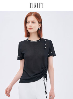 FINITY菲妮迪黑色短袖T恤女夏时尚减龄设计感小众宽松针织衫