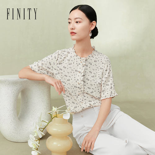 FINITY菲妮迪衬衫2024夏季简约百搭木耳边设计感印花小衫上衣女
