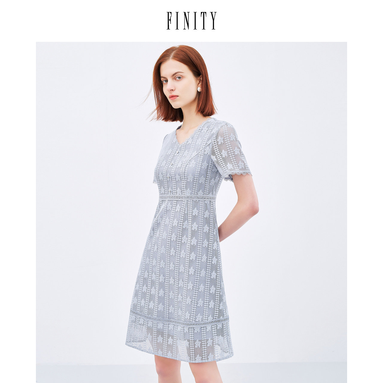 FINITY菲妮迪灰蓝色连衣裙夏季镂空绣花设计感高端显瘦裙子女