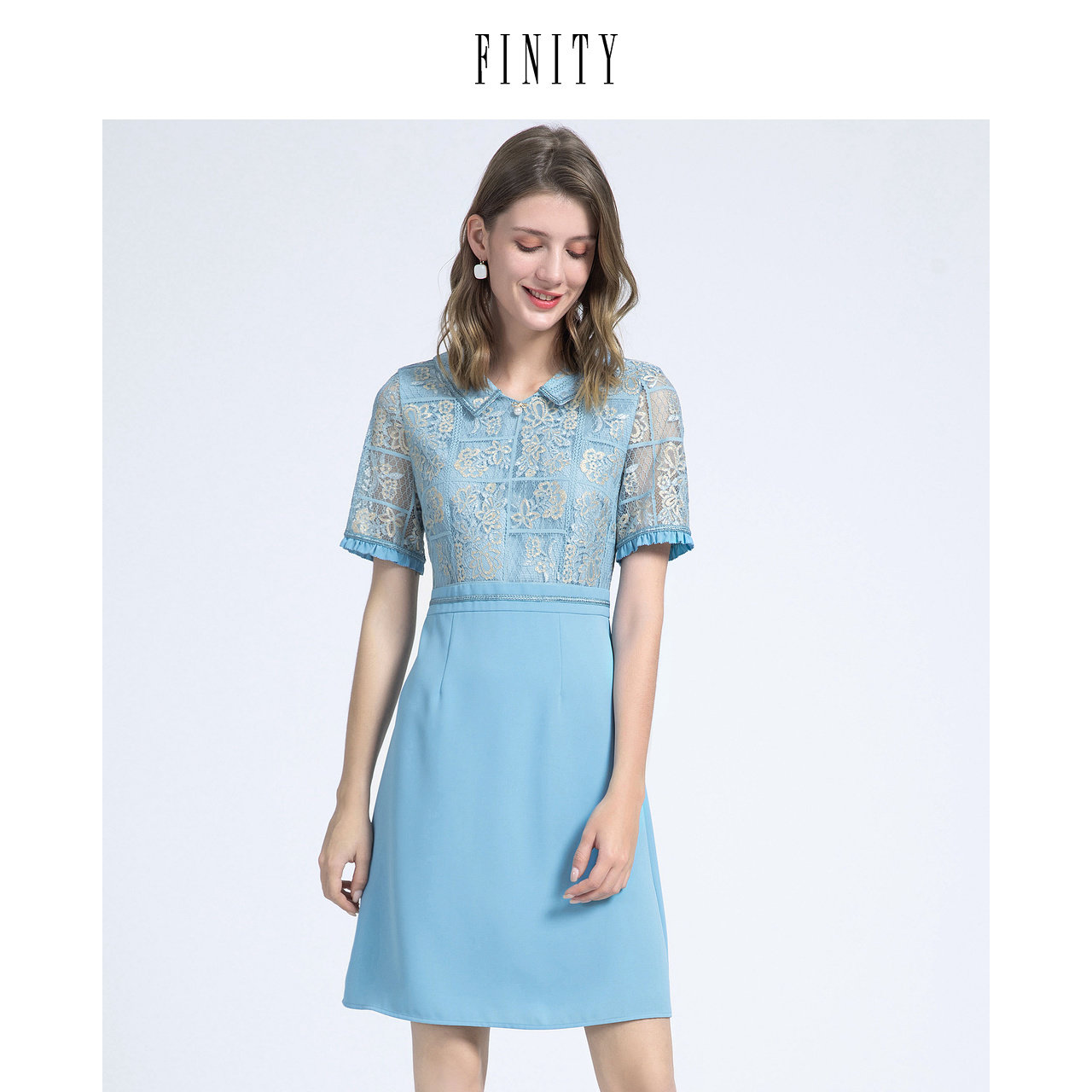 FINITY菲妮迪夏蕾丝连衣裙女短袖甜美法式收腰小个子A字裙