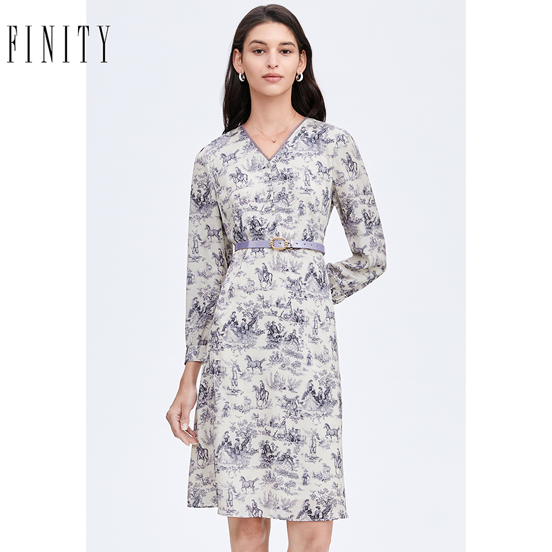 菲妮迪品牌连衣裙2024秋季简约气质印花设计感收腰显瘦裙子女