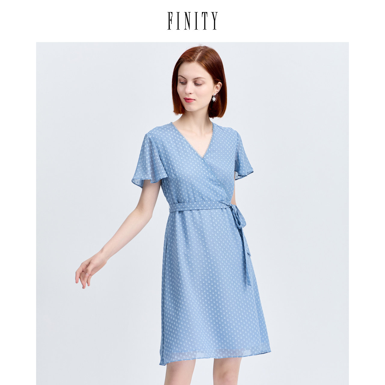 FINITY菲妮迪纯色气质短袖连衣裙波点宽松洋气中长款裙子