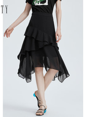 FINITY菲妮迪品牌半身裙夏季网纱设计感时尚简约黑色A字裙女
