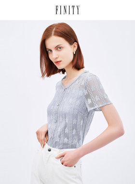 FINITY菲妮迪灰蓝色雪纺衫夏季V领镂空设计感高端显瘦打底衫女