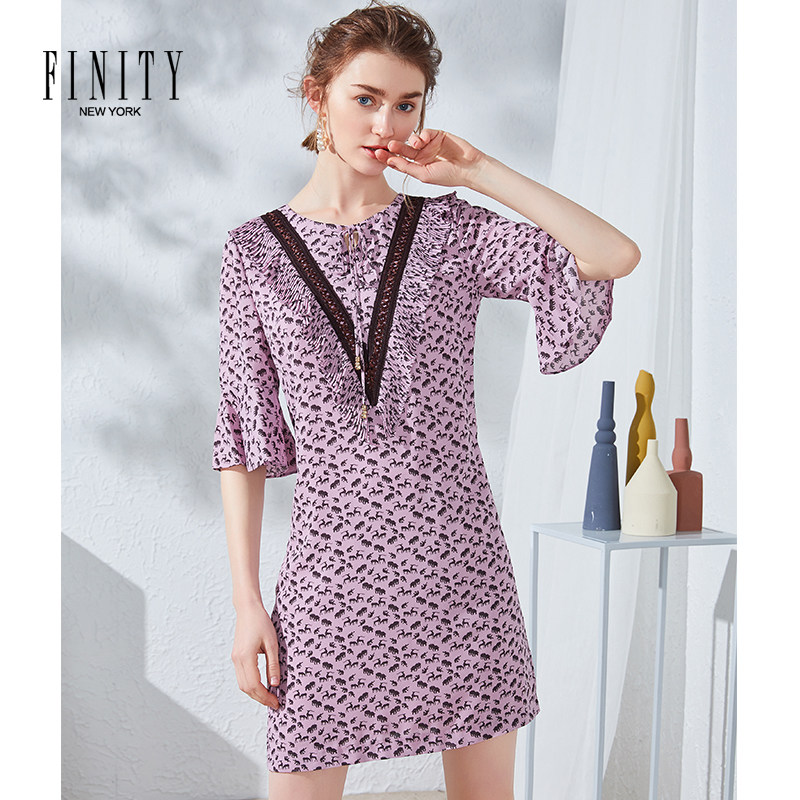 FINITY菲妮迪商场同款春夏时尚气质领口系带短袖复古印花连衣裙