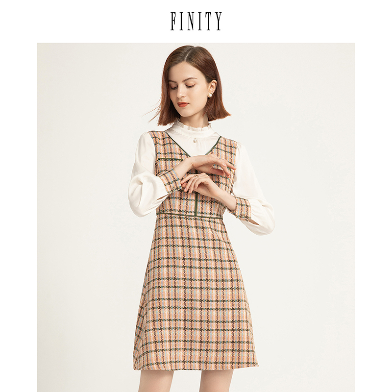 FINITY2024年秋季装连衣裙女格子拼接休闲宽松气质中长款裙子