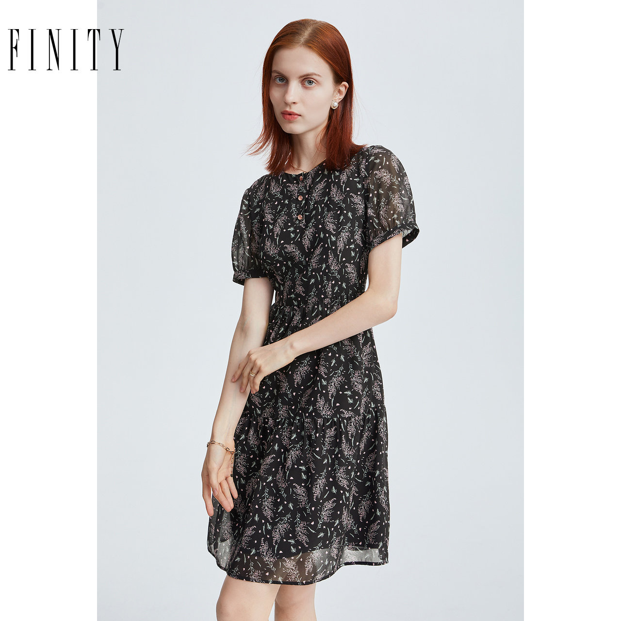 FINITY菲妮迪品牌连衣裙夏季 法式气质名媛风时尚短袖A字裙女