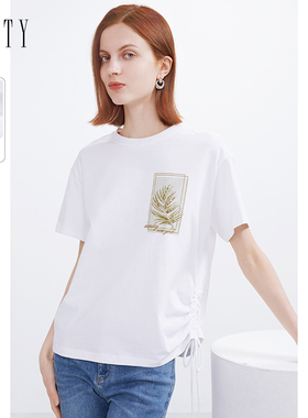 菲妮迪全棉白色T恤2024夏季纯棉印花设计感衣角短袖上衣女