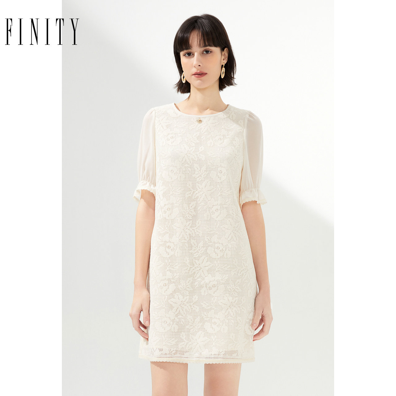 FINITY菲妮迪品牌短袖连衣裙夏季 简约气质蕾丝设计感A字裙女