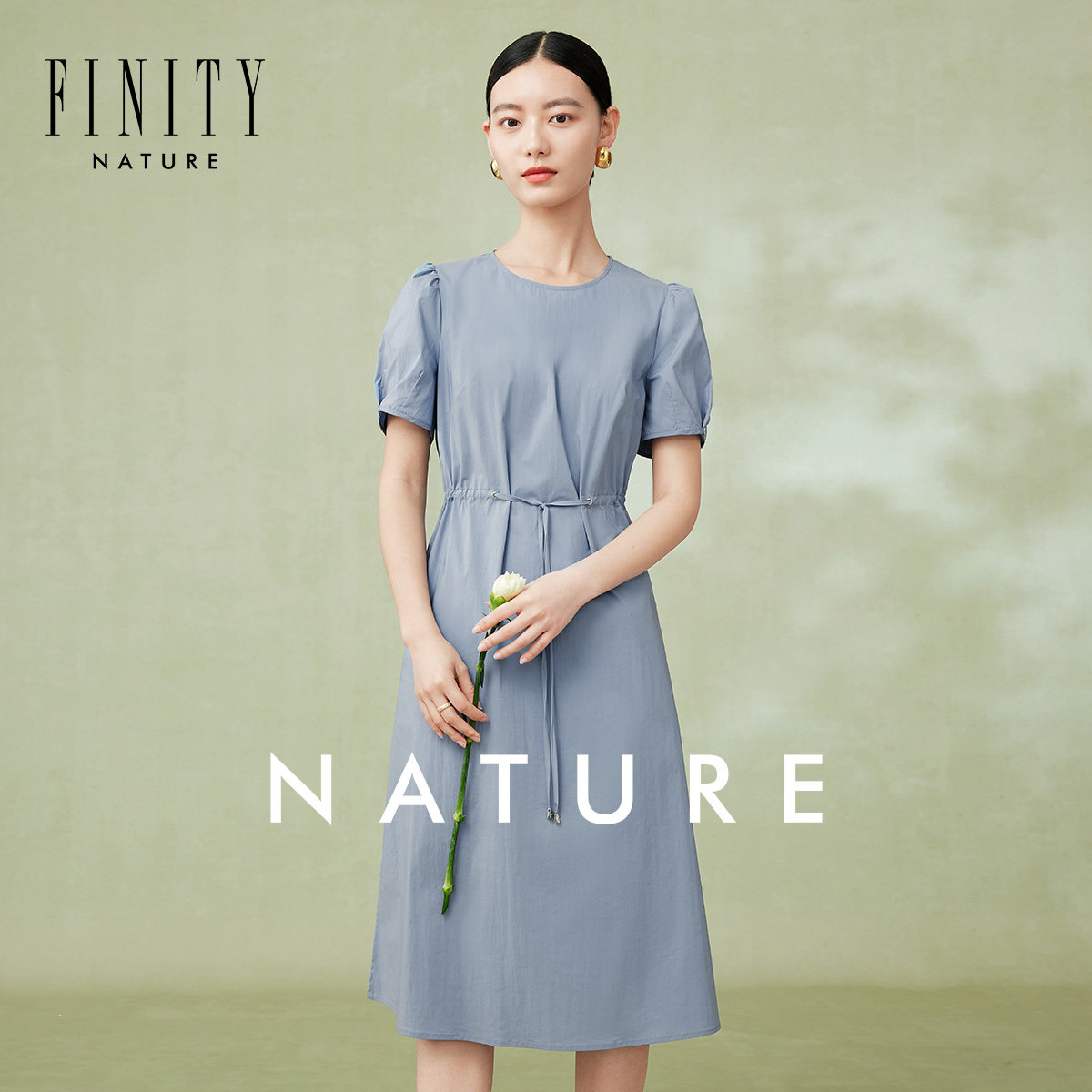 FINITY菲妮迪品牌连衣裙2024夏季新品系带圆领泡泡袖茶歇裙子女