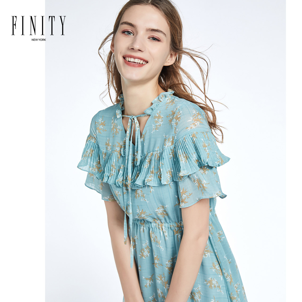 FINITY菲妮迪百褶连衣裙夏装时尚气质木耳边收腰短袖法式裙子