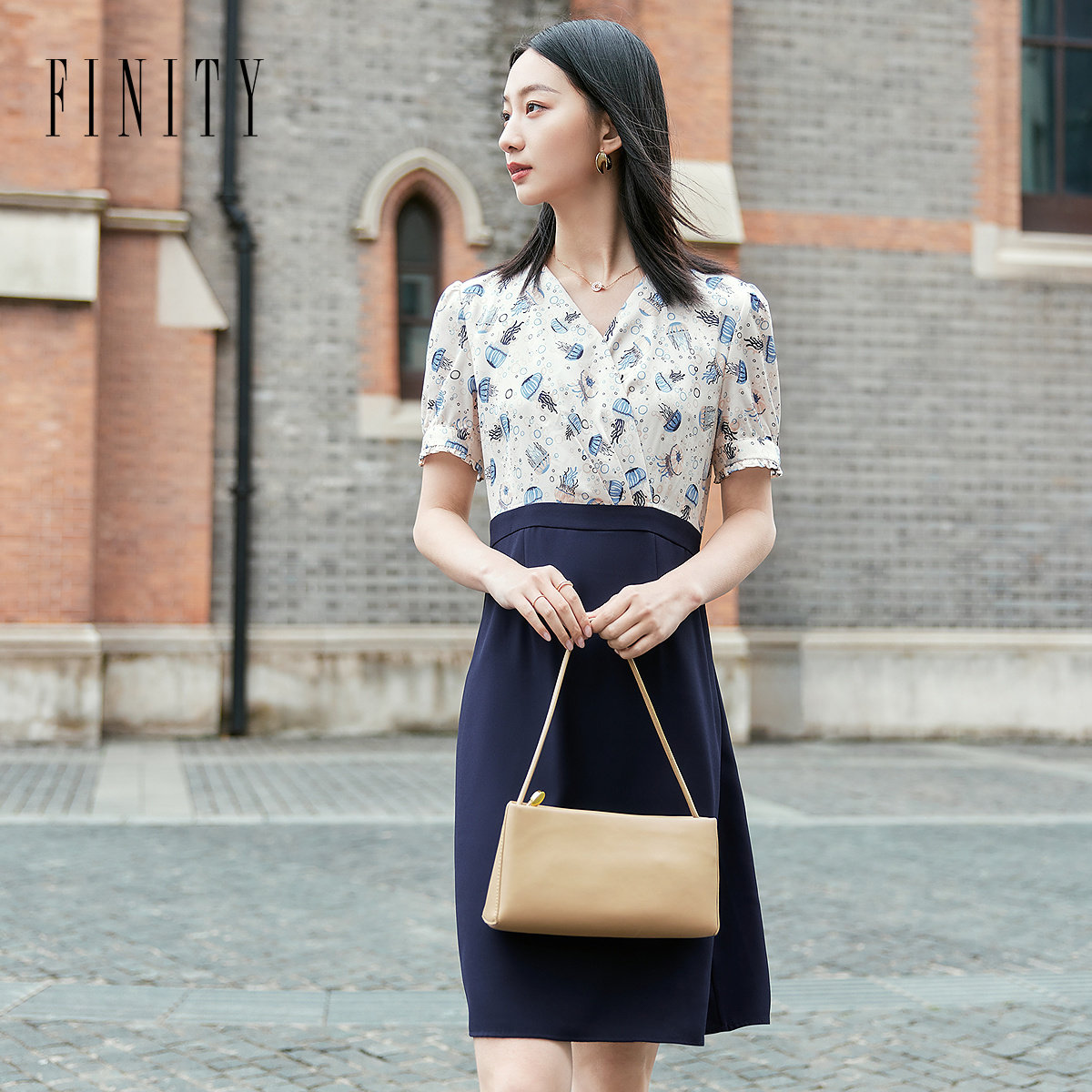 FINITY菲妮迪品牌假两件连衣裙2024夏季新品拼接设计感印花裙子女