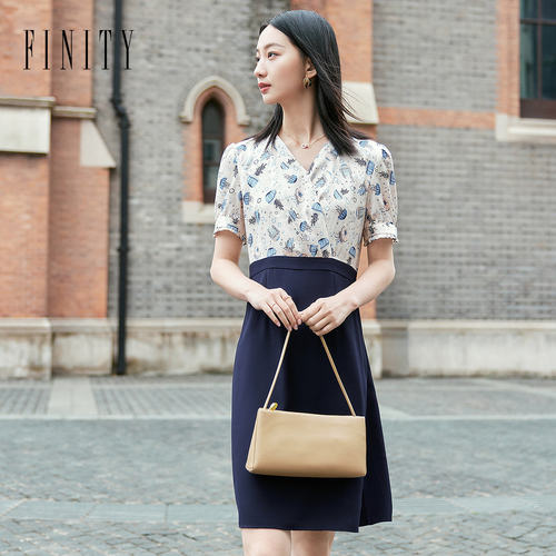 FINITY菲妮迪品牌假两件连衣裙2024夏季新品拼接设计感印花裙子女