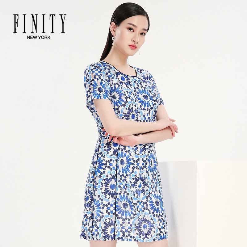 FINITY菲妮迪女装夏季复古印花A字裙 修身高腰连衣裙