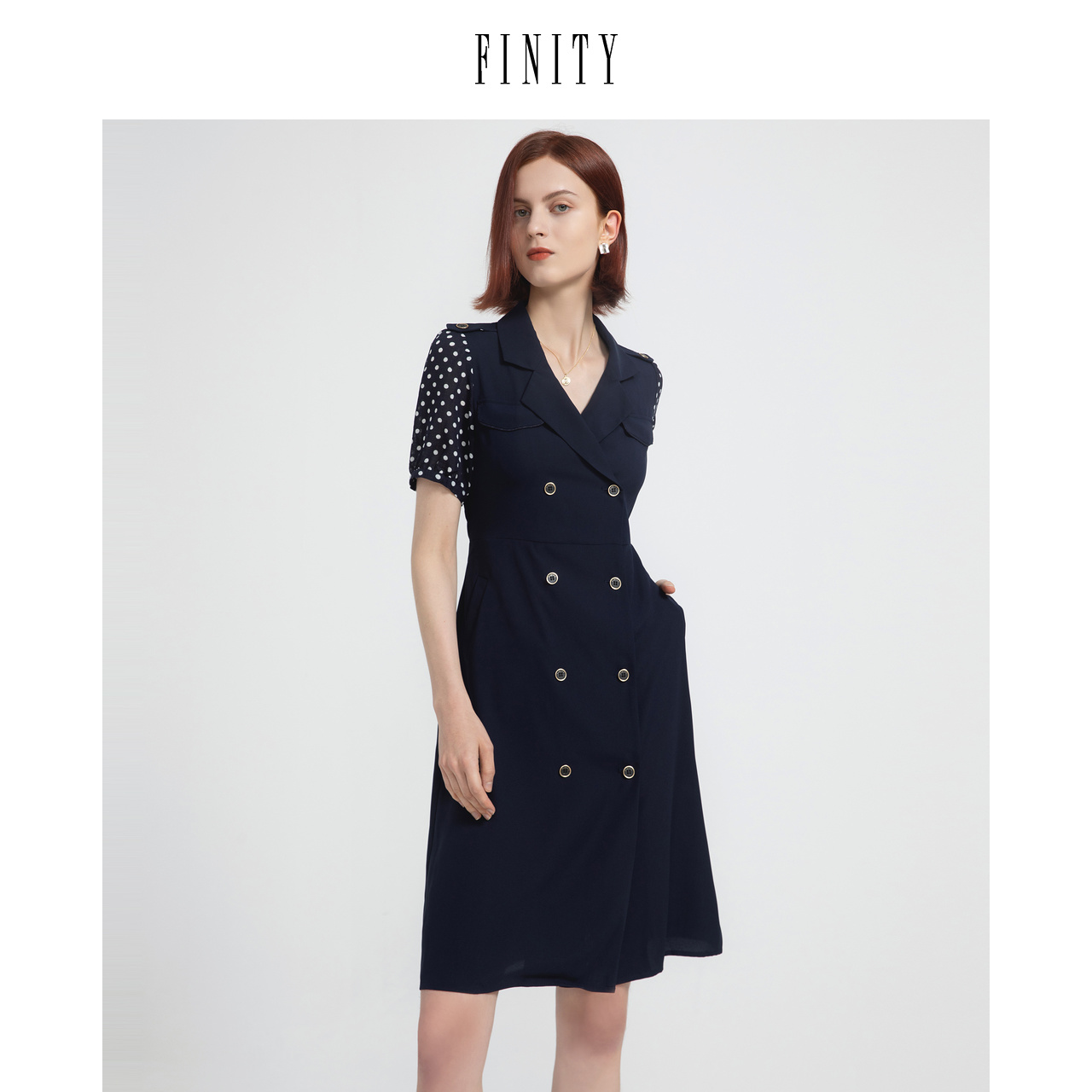 FINITY菲妮迪夏装波点假两件连衣裙女宽松V领中长款裙