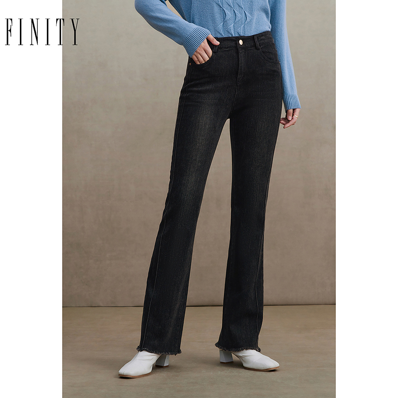菲妮迪品牌牛仔裤2024年秋季简约黑色棉质直筒高腰休闲长裤女