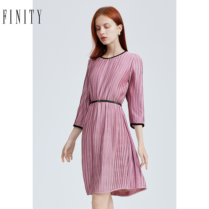 菲妮迪品牌连衣裙2024年夏季 简约气质条纹高腰圆领时尚A字裙