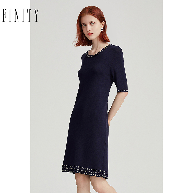 菲妮迪针织连衣裙2024年秋季时尚圆领高腰简约气质A字裙子女
