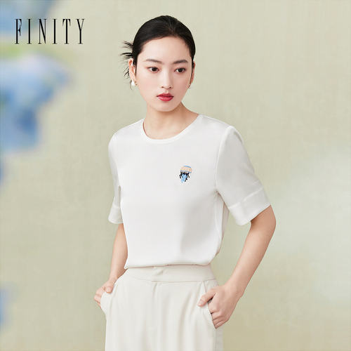 FINITY菲妮迪T恤2024夏季简约白色休闲圆领百搭洋气短袖上衣女