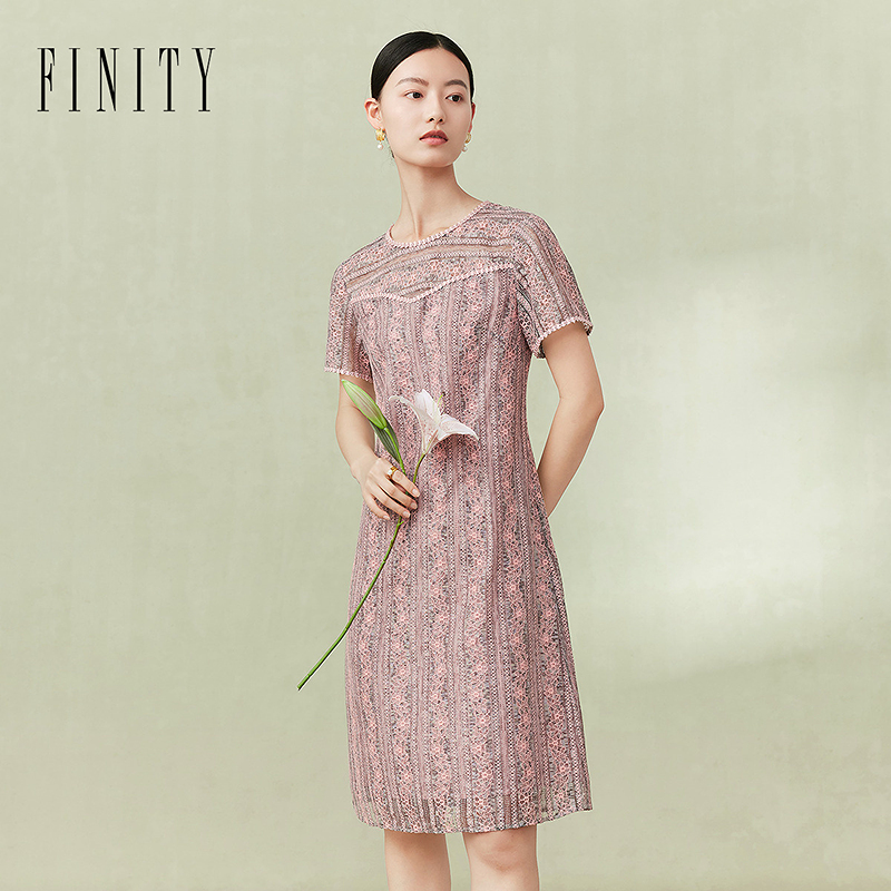 【蕾丝提花工艺】菲妮迪品牌连衣裙2024年秋季短袖透气裙子女